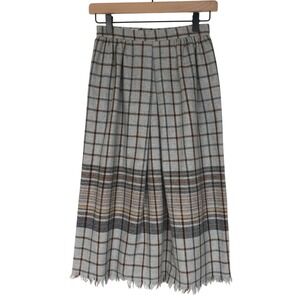 VTG COLLEGE TOWN‎ Wool Blend Fringe Hem Midi Skirt Sz XS Gray Plaid USA Made